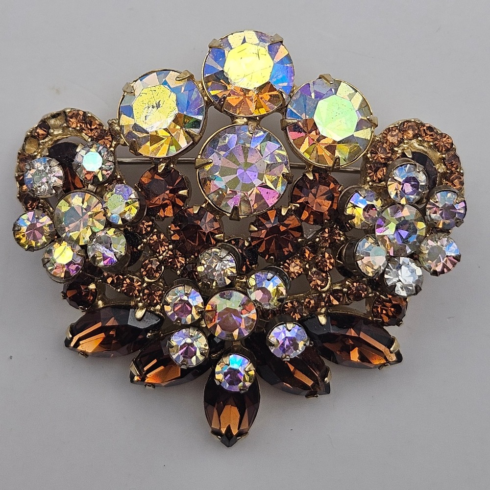 Juliana Vintage Aurora Borealis Topaz Color Gold Tone Tiered Statement Brooch